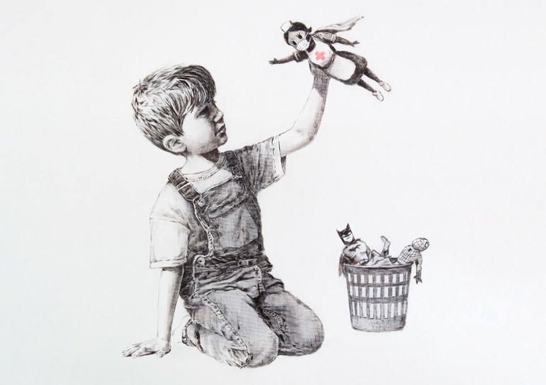 Banksy-k osasun langileei zuzendutako obra enkantea jarri du bertan irabazitakoa beraiei emateko Banksy-k osasun langileei zuzendutako obra enkantea jarri du bertan irabazitakoa beraiei emateko