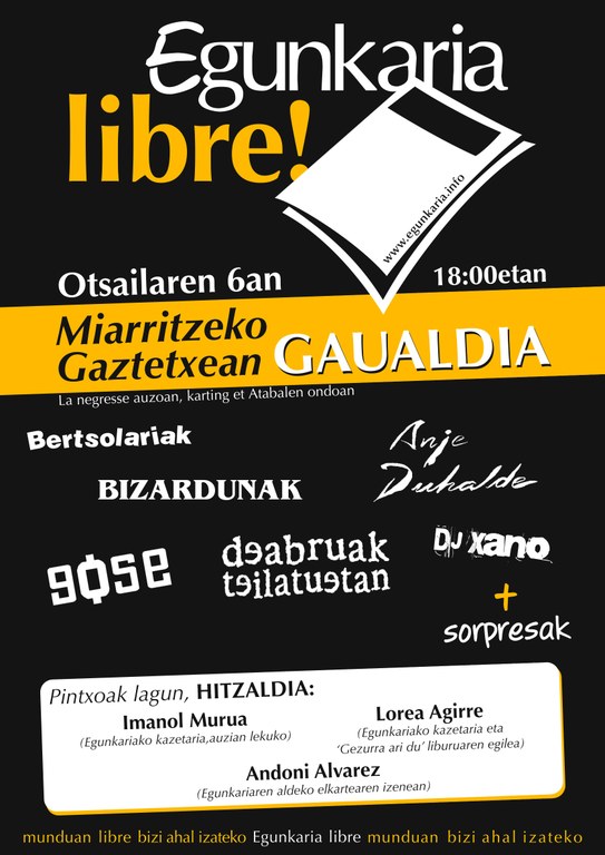 Egunkariaren aldeko gaualdia larunbatean, Miarritzeko Gaztetxean Egunkariaren aldeko gaualdia larunbatean, Miarritzeko Gaztetxean