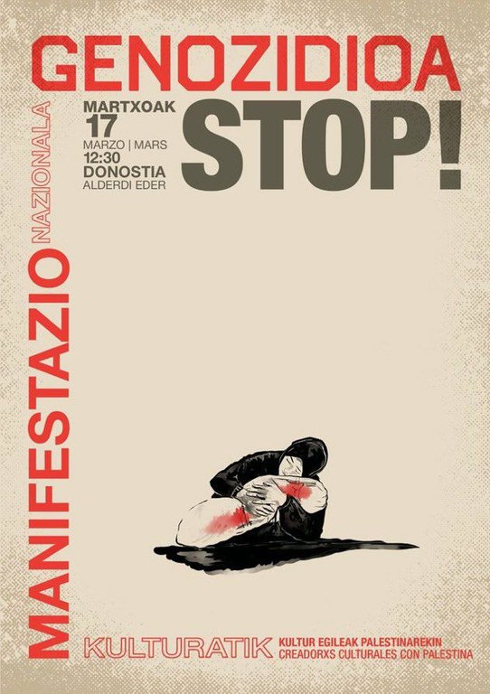 Euskal sortzaileek “Genozidioa stop!” lemapean martxoaren 17an mobilizatzeko deia egin dute Euskal sortzaileek “Genozidioa stop!” lemapean martxoaren 17an mobilizatzeko deia egin dute