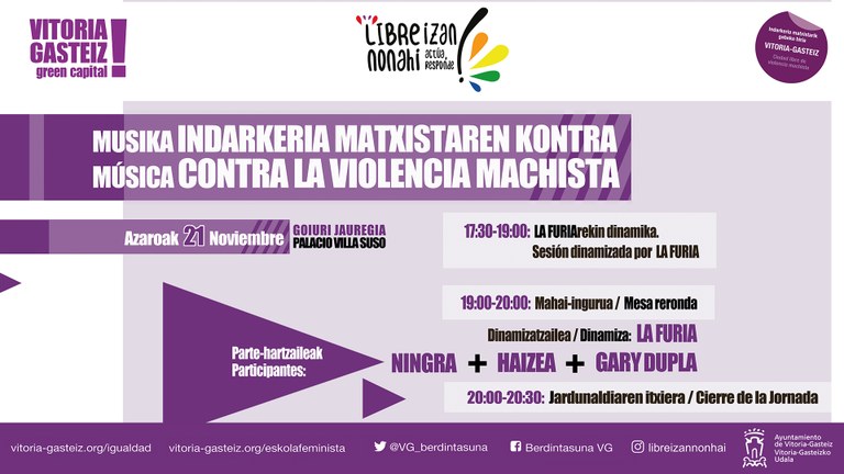 Indarkeria matxistari aurre egiteko musika erabiliko dute Gasteizen Indarkeria matxistari aurre egiteko musika erabiliko dute Gasteizen