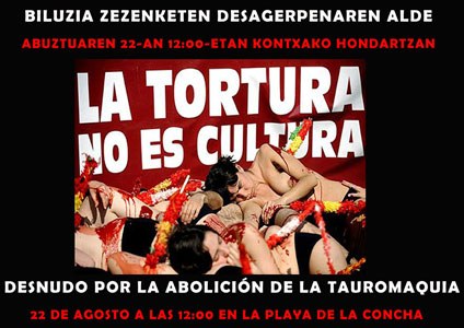 Zezenketak debekatu ditzaten eskatzeko biluztuko dira Donostian Zezenketak debekatu ditzaten eskatzeko biluztuko dira Donostian
